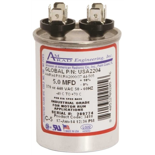 Amrad Engineering ROUND USA-MADE MOTOR RUN CAPACITOR, 5 MFD, 370/440 VAC USA2204 - main